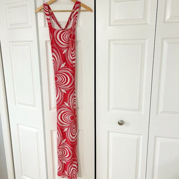 Free People Red Swirl Print Maxi Dress Open Back Cross Strap Bodycon Size S - Picture 2 of 6